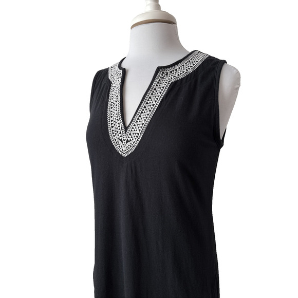 Lands End Women's S Boho Embroidered V Neck Stretch Sleeveless Dress Pockets Blk - Picture 2 of 10